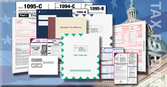 W-2 and 1099 forms, envelopes, income tax folders, labor law posters