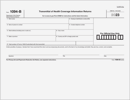 IRS ACA Form 1094-B Transmittal (50 Laser Cut Sheets)